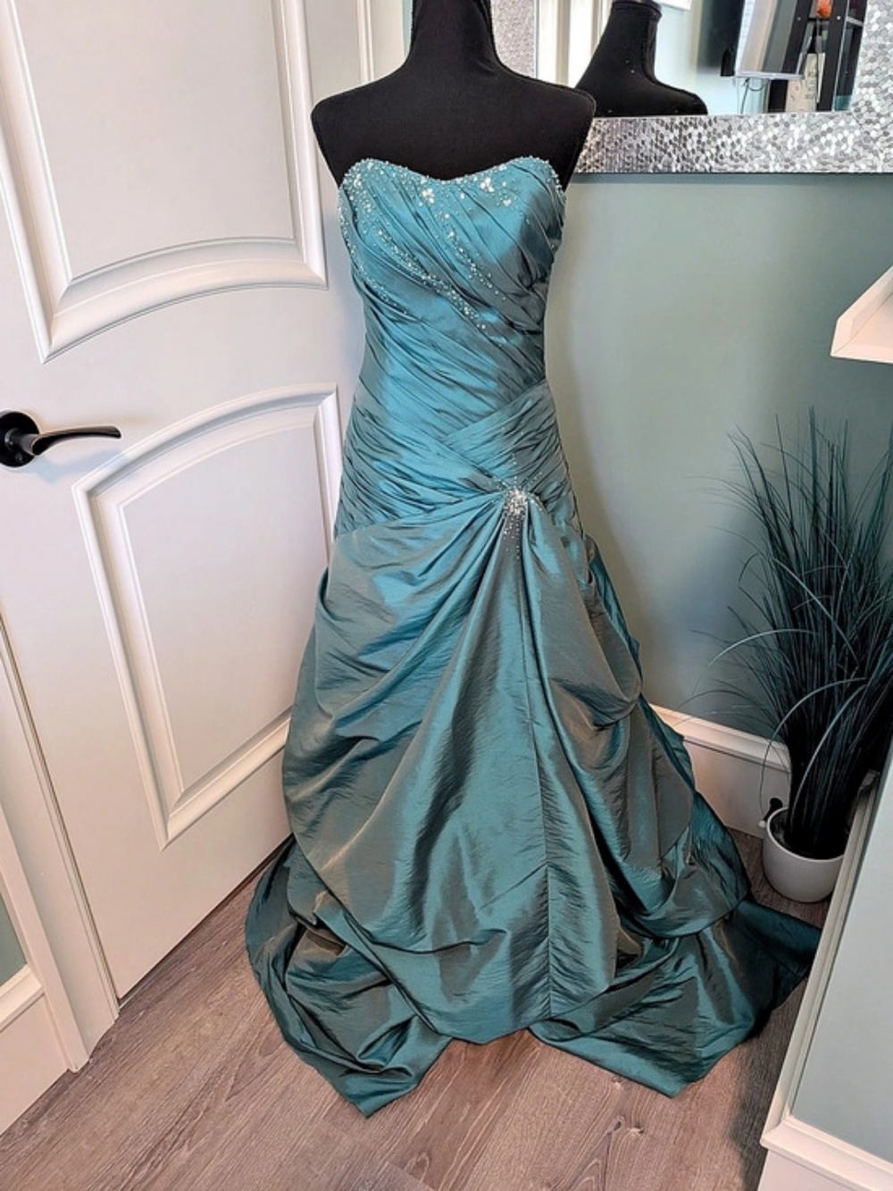 Strapless Beaded Ruched Prom/Bridal Dress in Teal With Double Crinoline